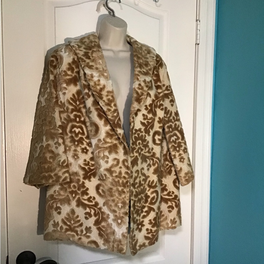 Vintage Tapestry Coat. Cream and Brown Floral Faux Fur Coat